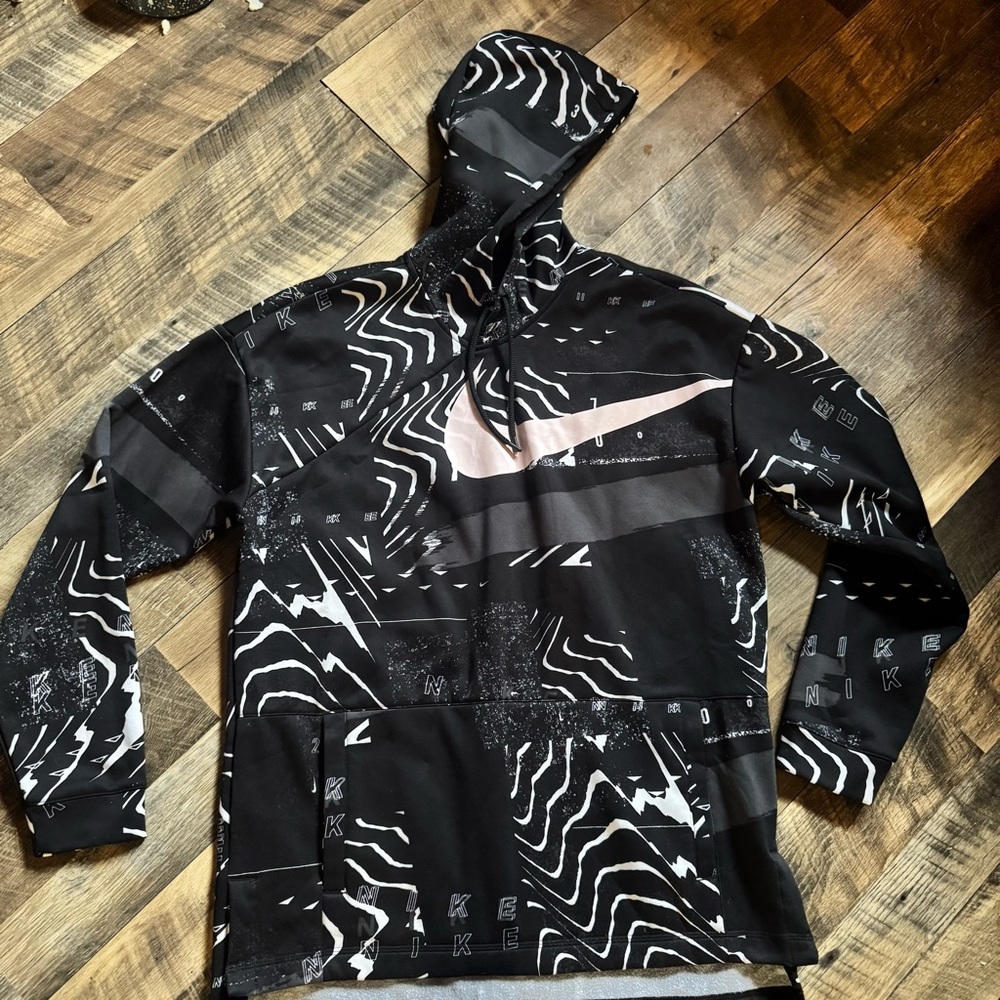 Nike Black Hoodie with Pale Pink Swoosh and White Graphic Print